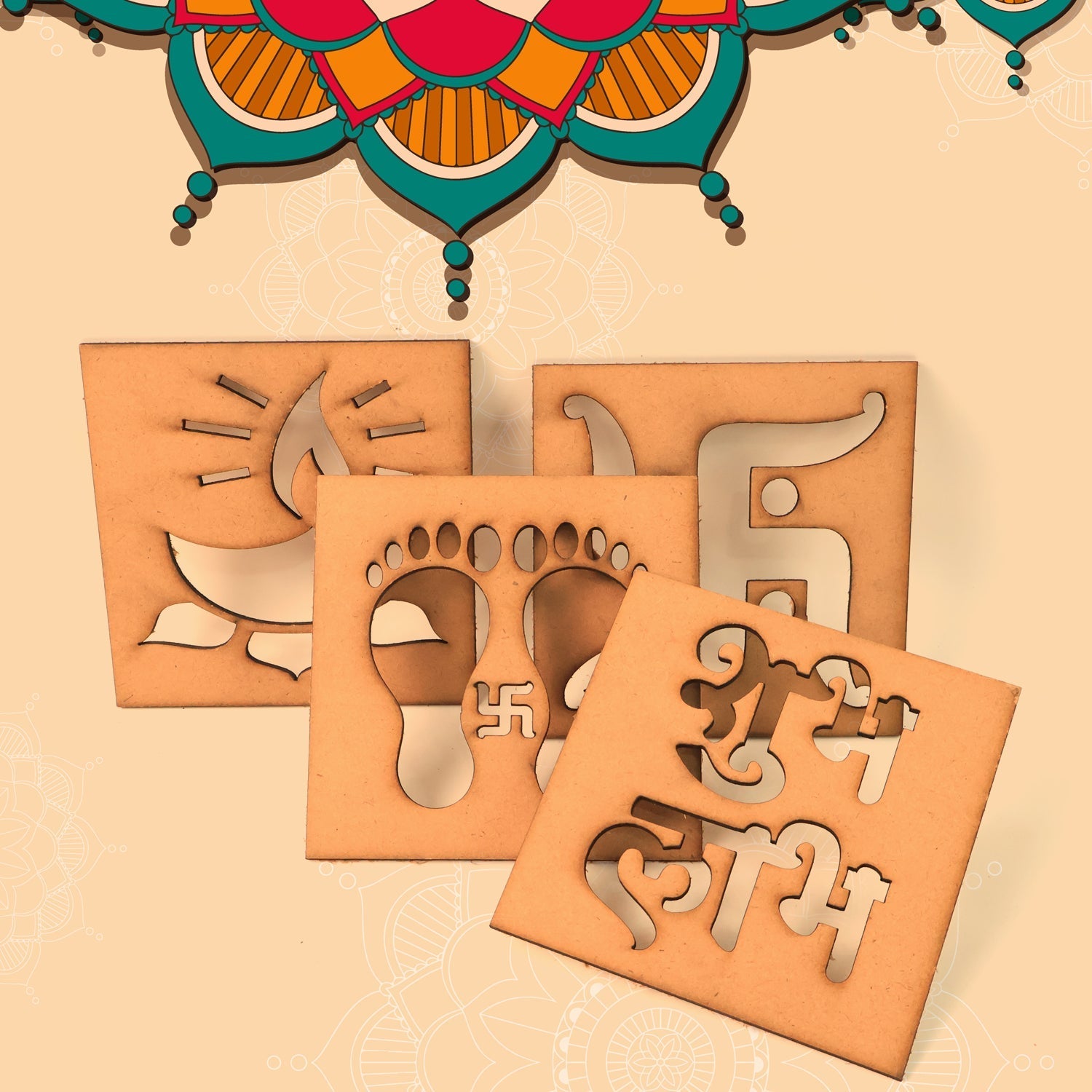 Wooden decorative cutouts used as Diwali decoration indoors