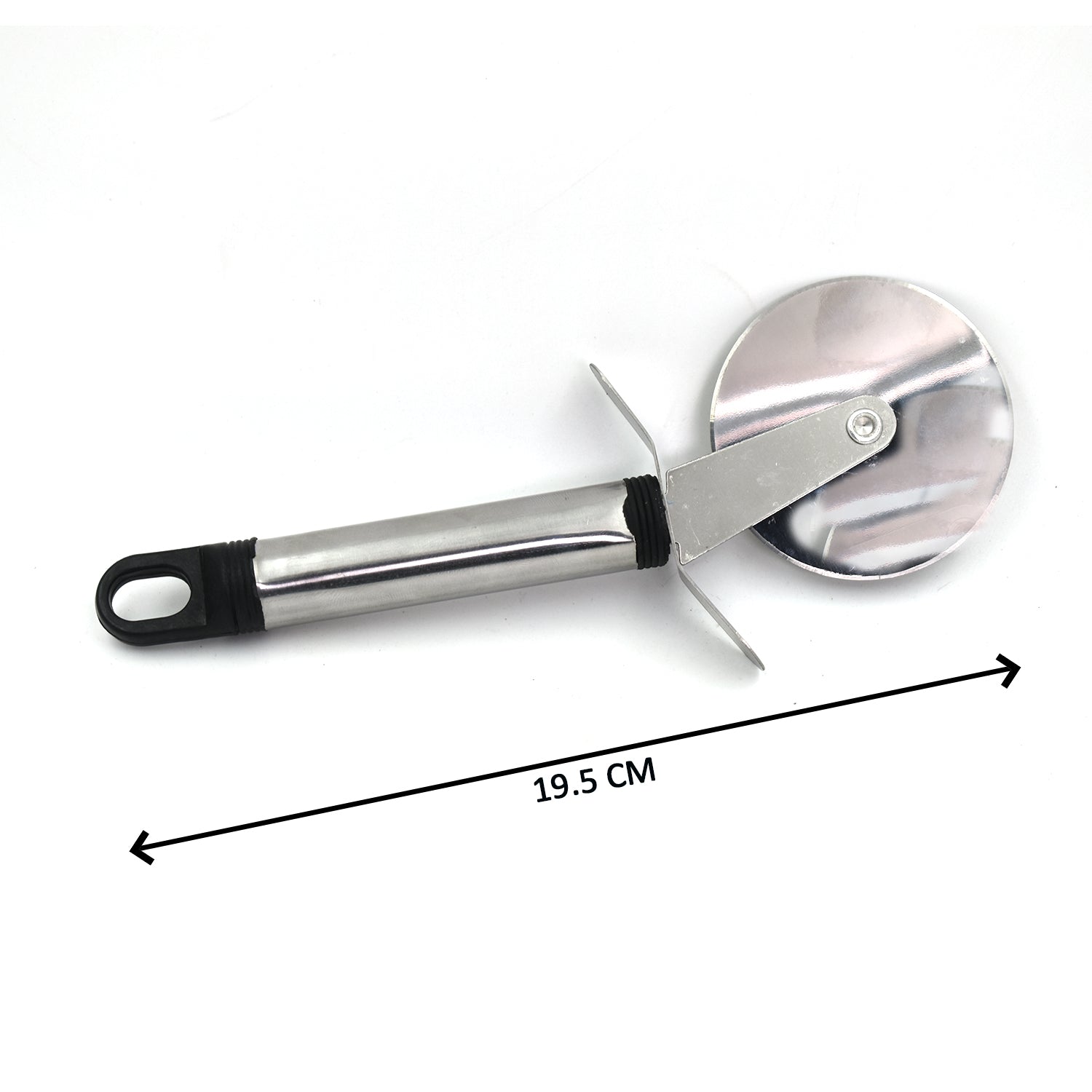 Full view of the Stainless Steel Pizza Cutter, showcasing its sleek design.