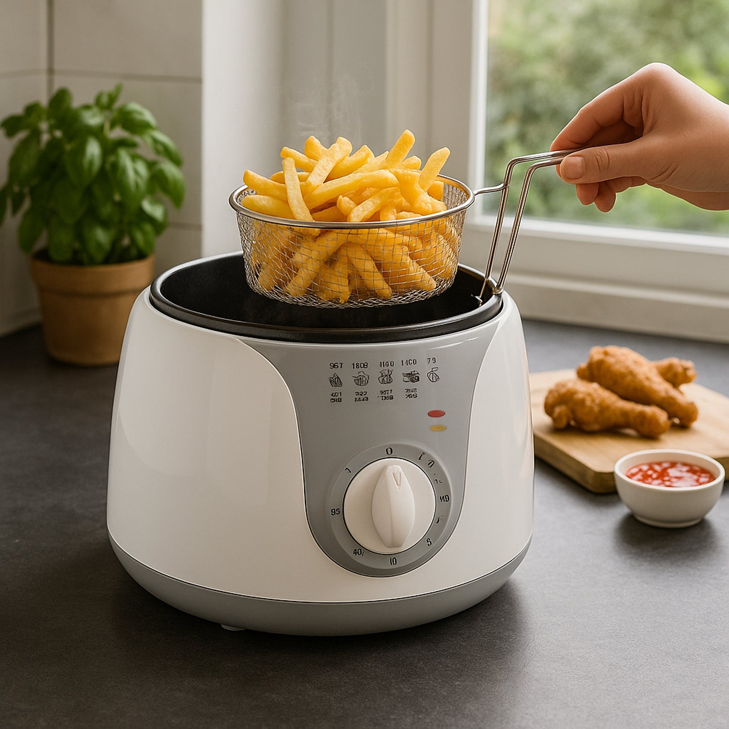 Power indicator light visible on electric deep fryer