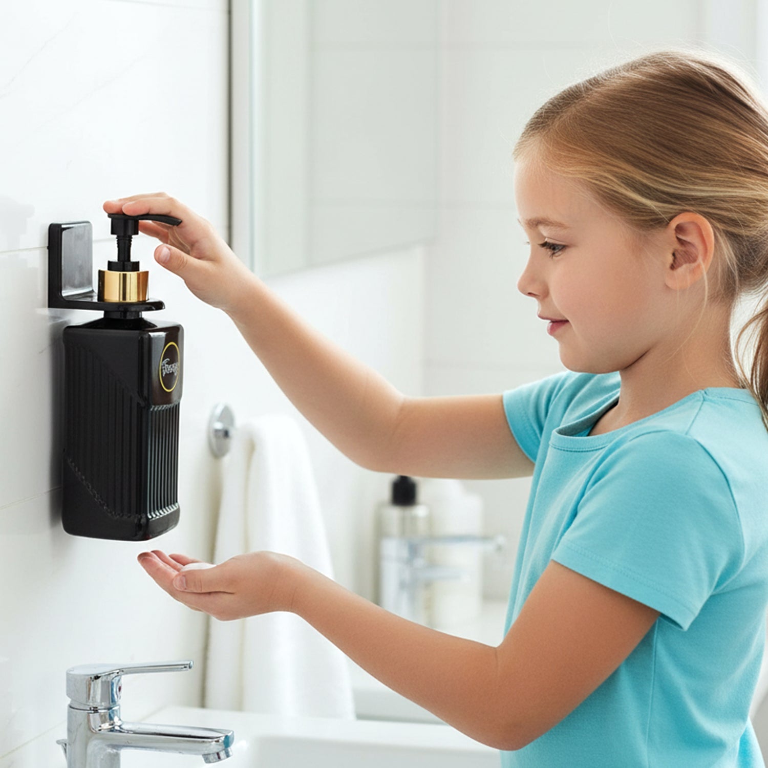 Stylish black and gold handwash pump dispenser for bathroom or kitchen
