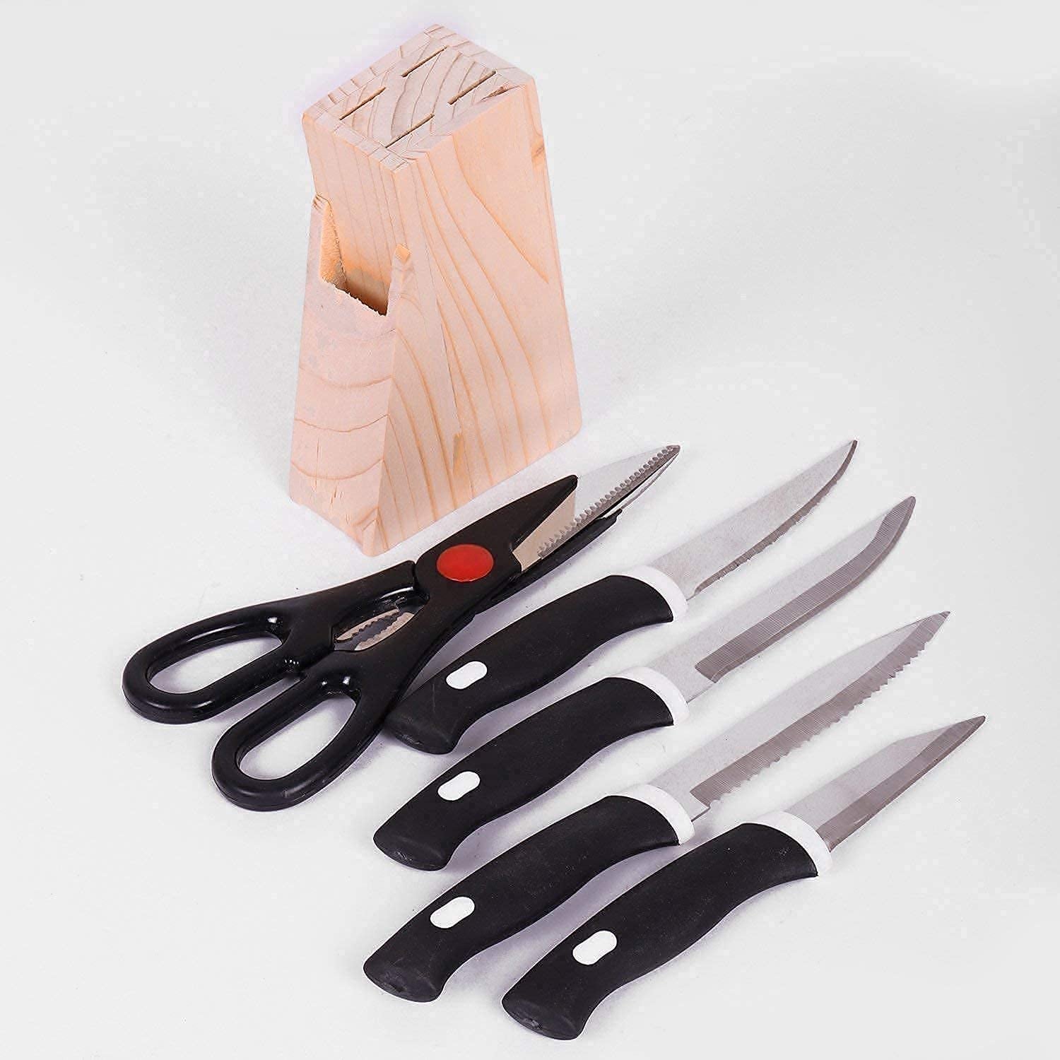 Home kitchen knife set with multi-purpose knives and scissors in wooden block