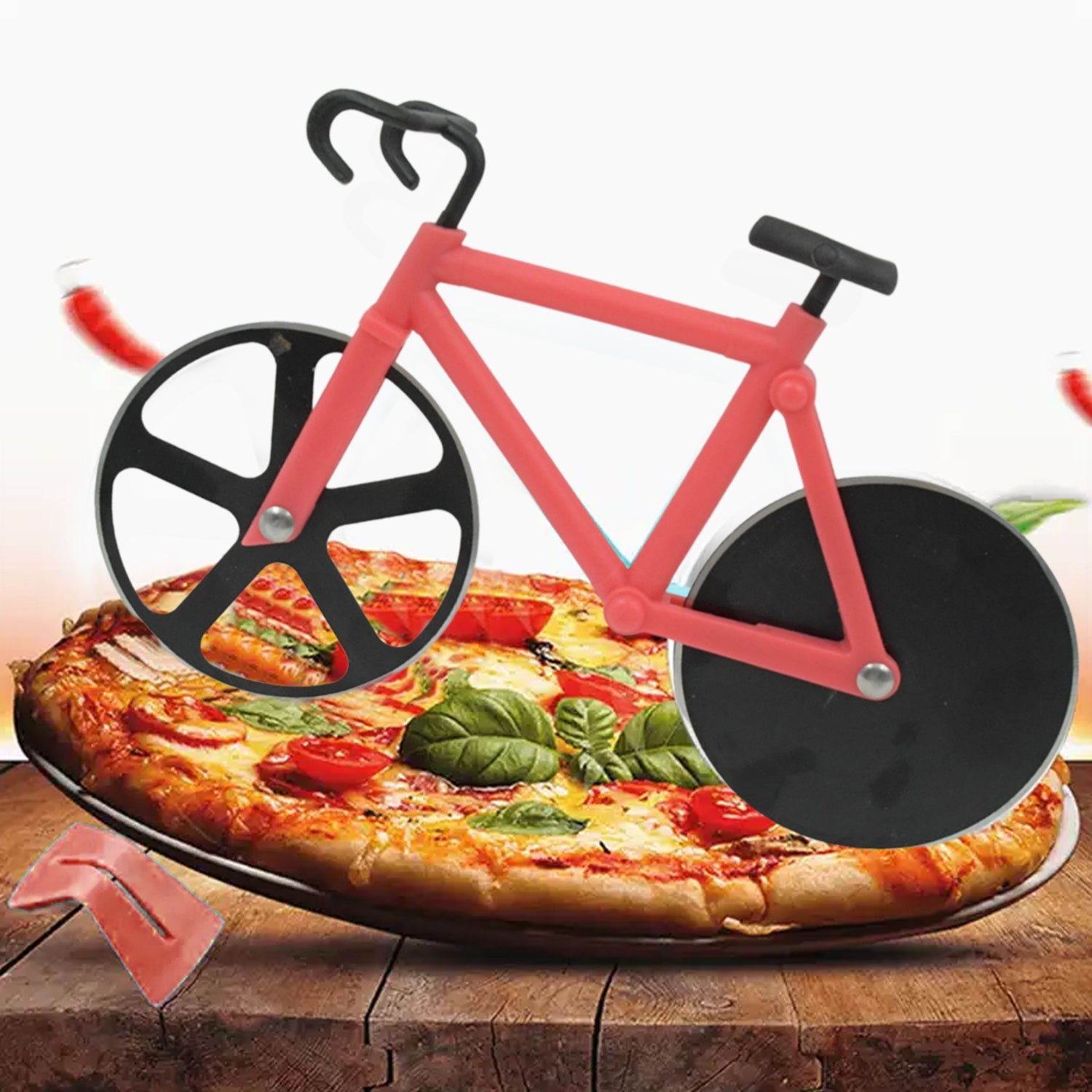 Quickslice Bicycle Pizza Slicer shown in action, effortlessly cutting a fresh pizza.