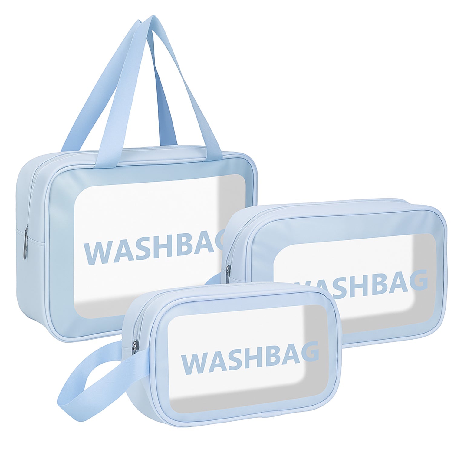 Side view of transparent waterproof travel toiletry bag set showing size variations