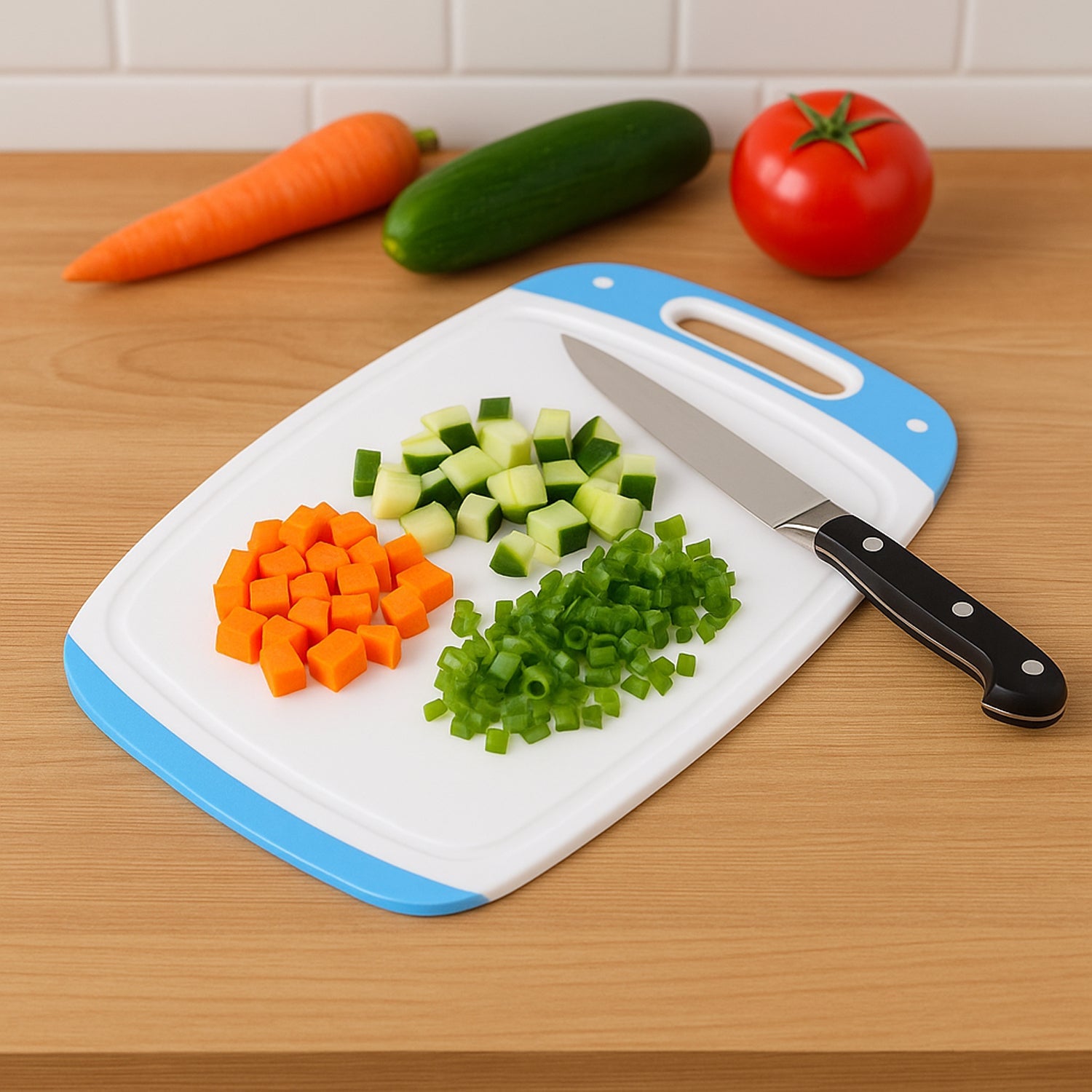 Close-up of the antibacterial surface on the Pro Clean plastic chopping board.