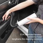 Compact portable car vacuum cleaner being used to clean car seats.