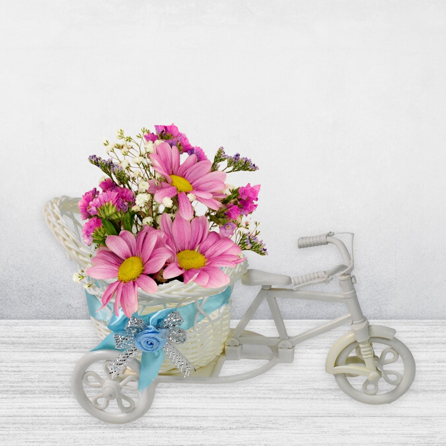 Decorative bicycle flower stand with plastic flower pots