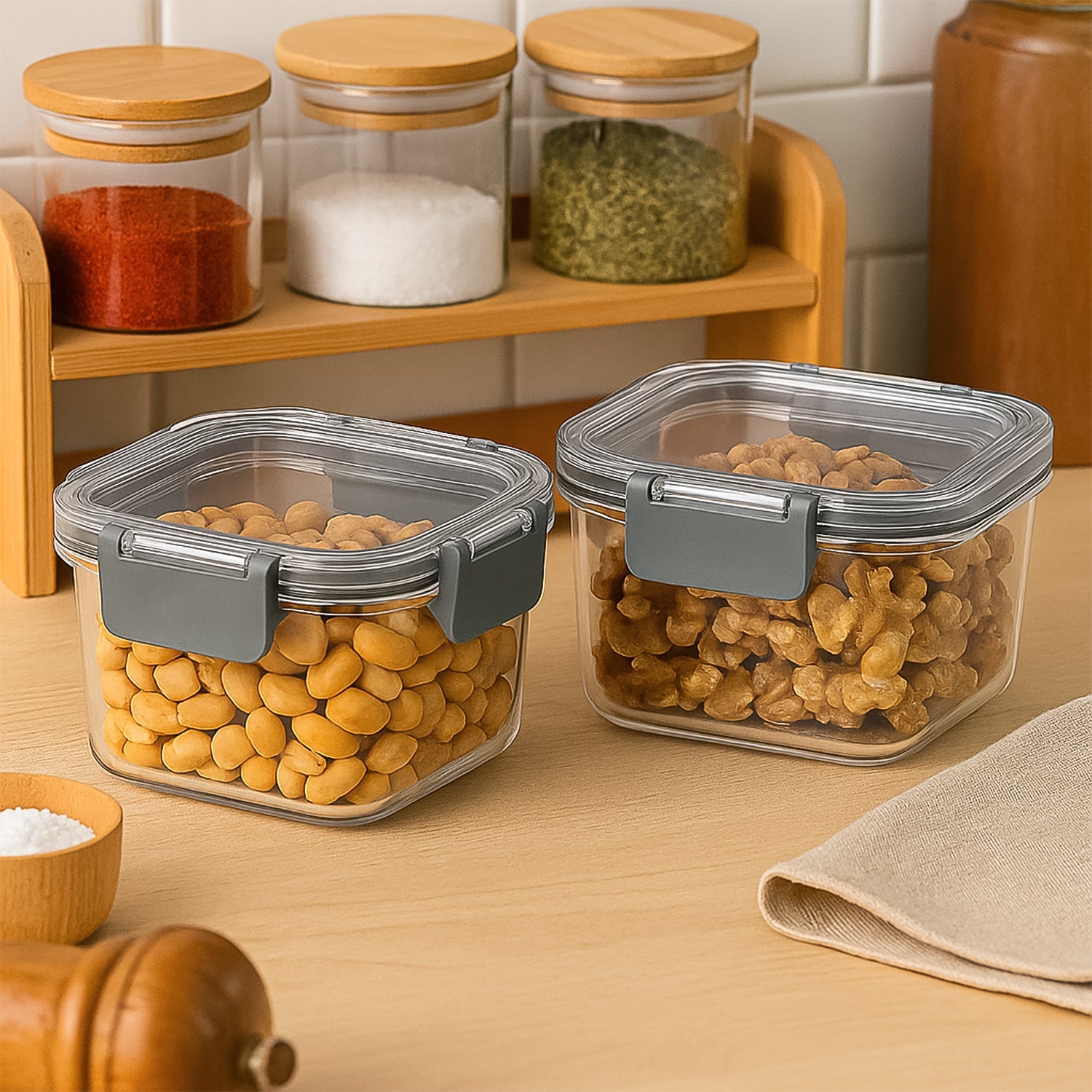 Apex stackable airtight food storage containers made of food-grade polycarbonate
