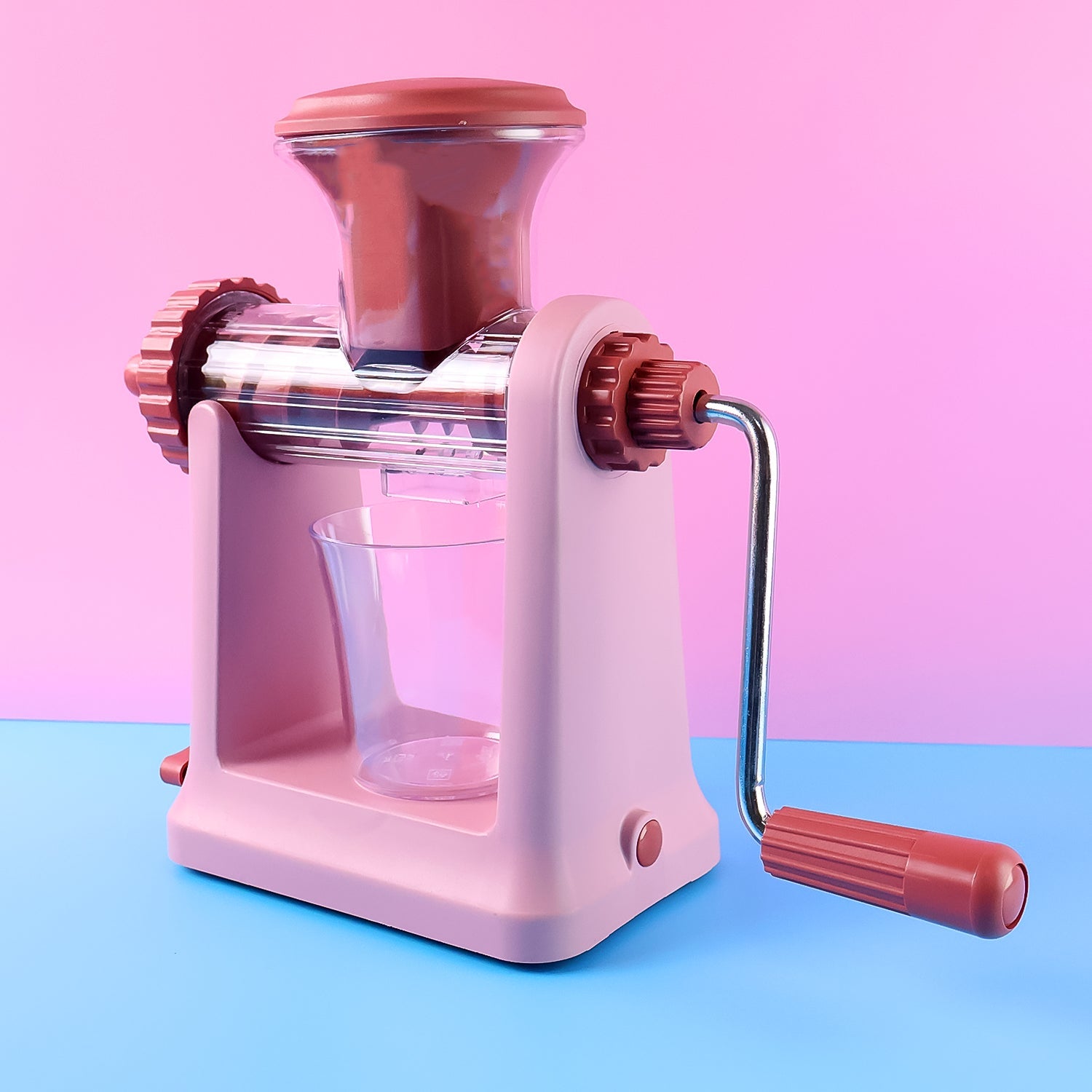 Closeup of sturdy handle of manual juicer for comfortable grip