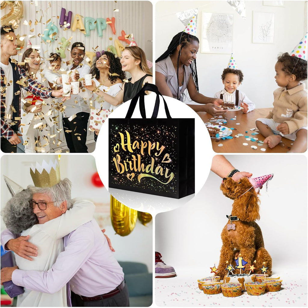 Detail view of black reusable gift bag for birthdays with gold stars