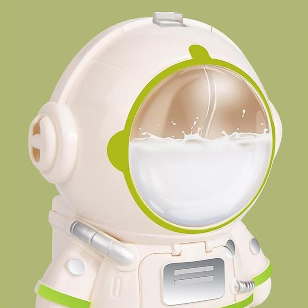 Detail of the hidden water outlet inside the astronaut-shaped water bottle.