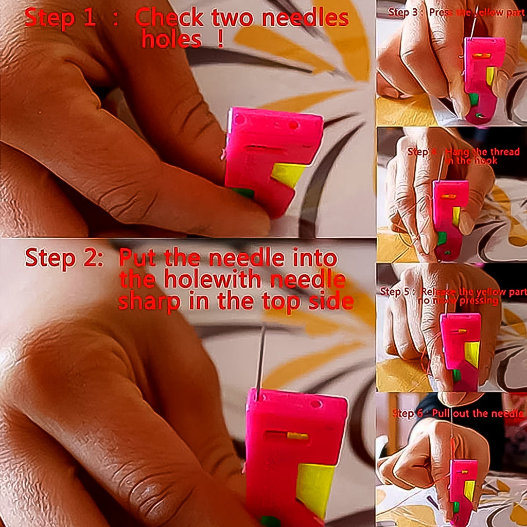 Multicolour needle threader displayed with a needle, thread, and visual threading instructions.