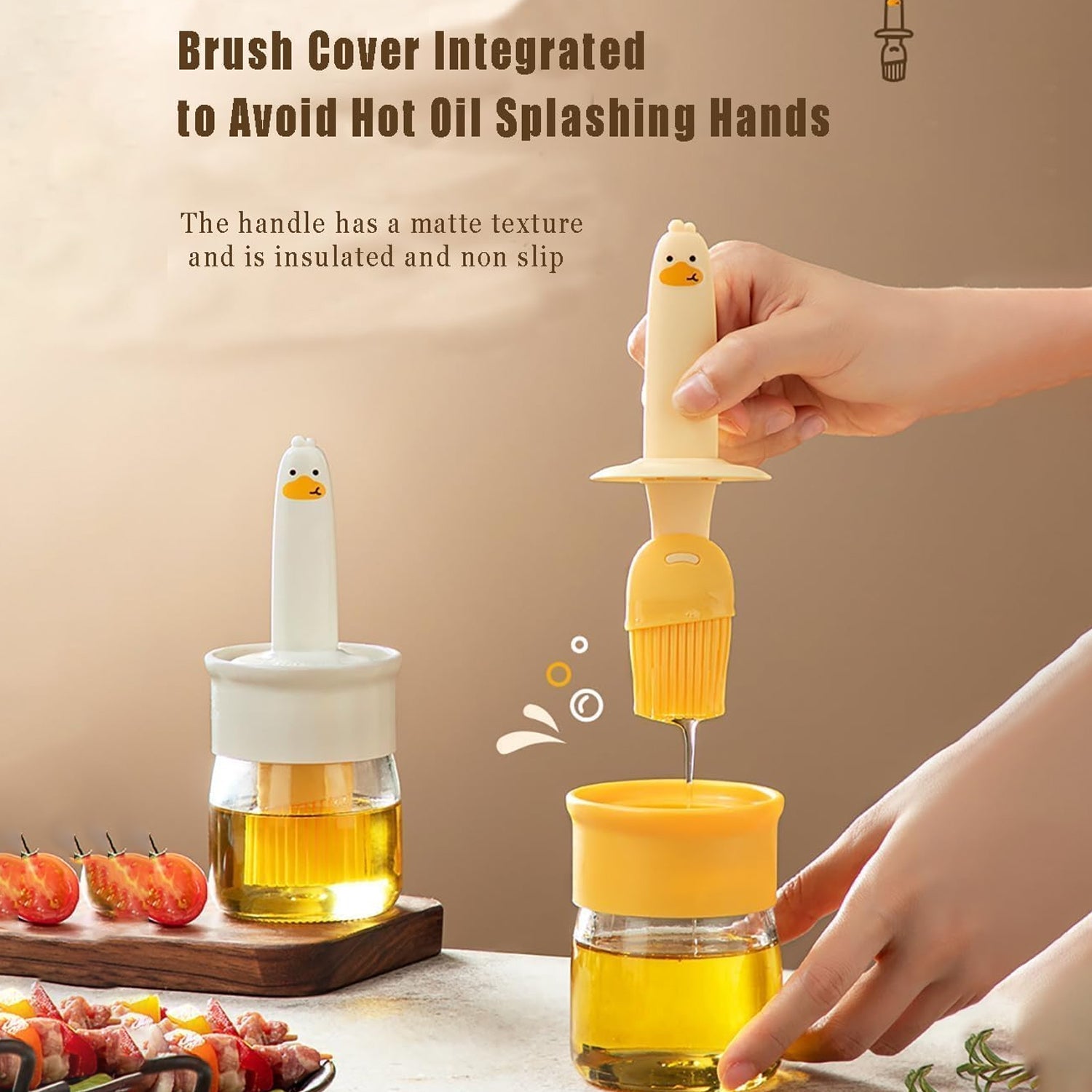 A 2-in-1 oil dispenser bottle with silicone basting brush shown in use for cooking.