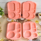 Top-down view of vibrant, multicolor 5-compartment food plates.
