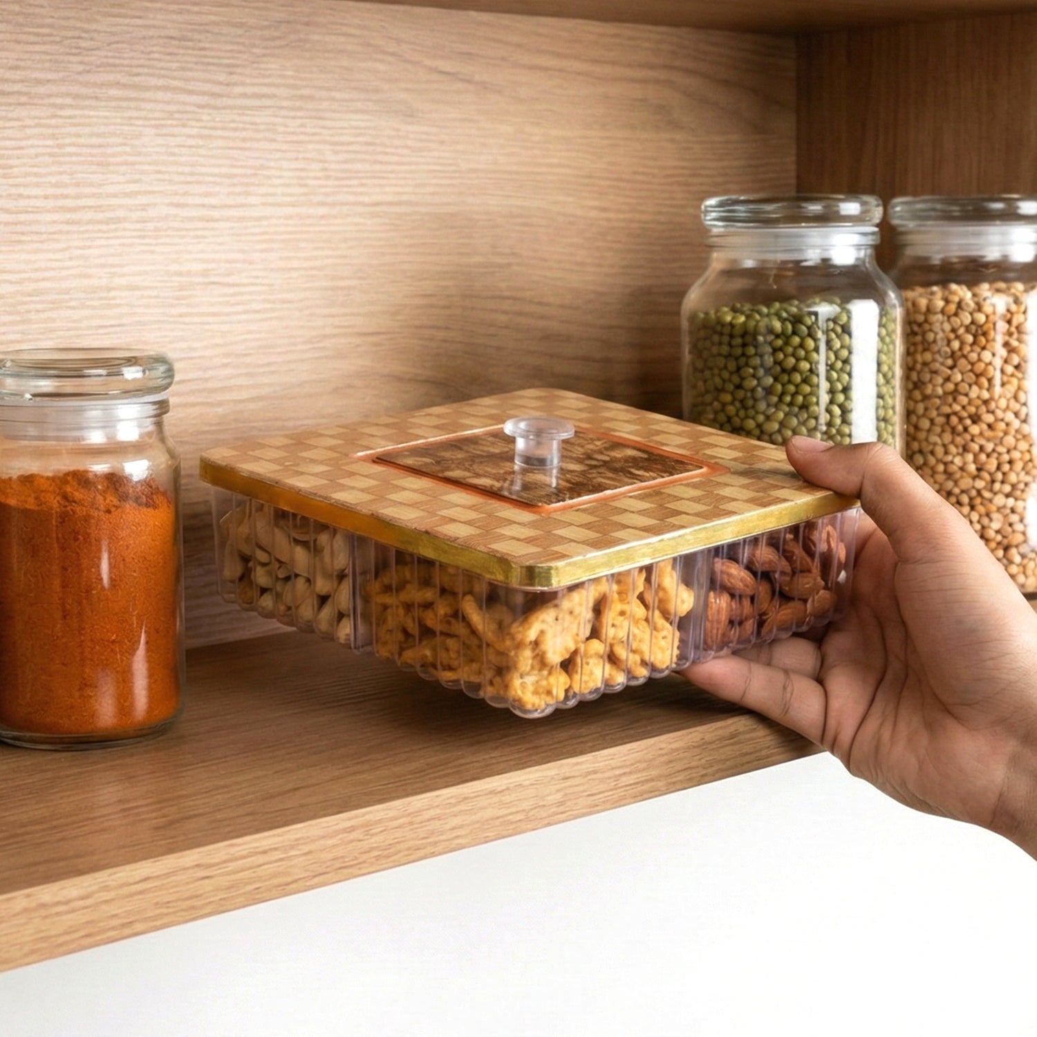 Side view of a compact plastic storage box with internal partitions