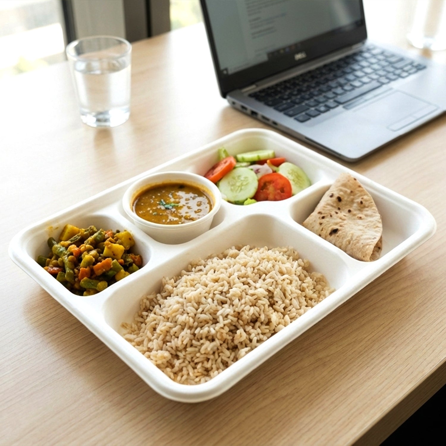 Top view showing organized compartments of compostable bagasse food tray for meals