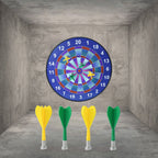 Close-up of magnetic dartboard's colorful target with numbers