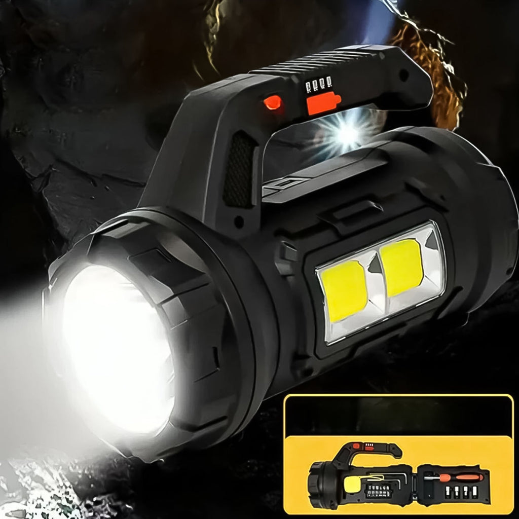 Close-up of the SOS Light's powerful 18W long-range torchlight beam.