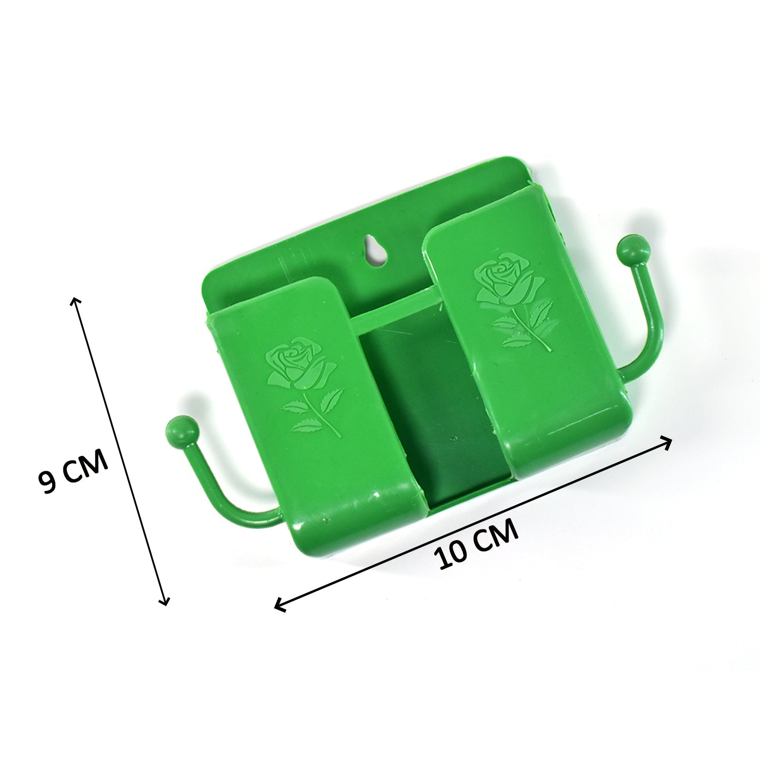 Set of four wall mounted remote storage boxes with convenient side hanging hooks.