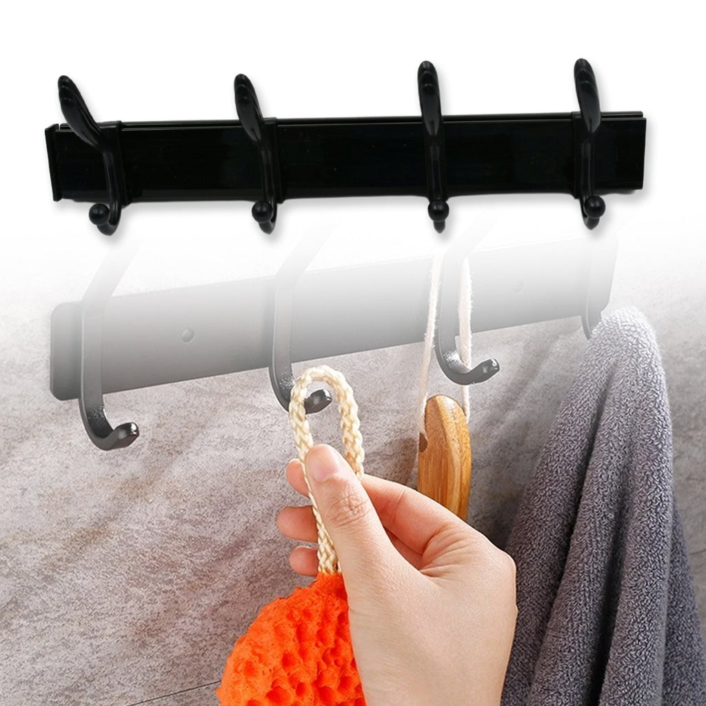 Wall mount coat hanger in use, holding jackets and bags in an entryway.