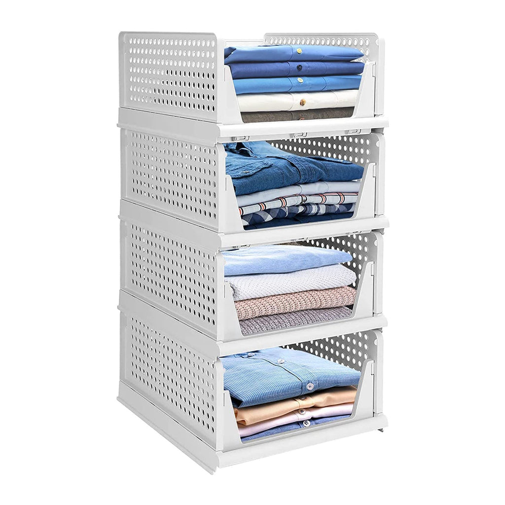 The multi-purpose 4-layer plastic drawer organizer in a clean, organized wardrobe setting.