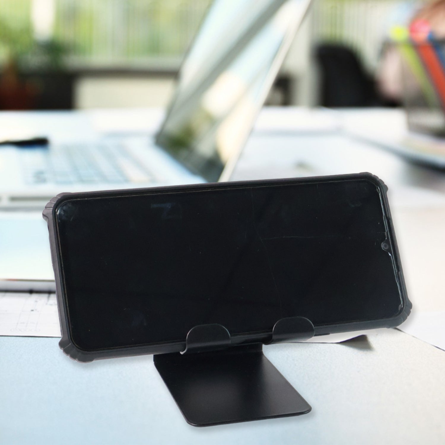 Angled view of universal mobile and tablet stand showing sturdy triangular design