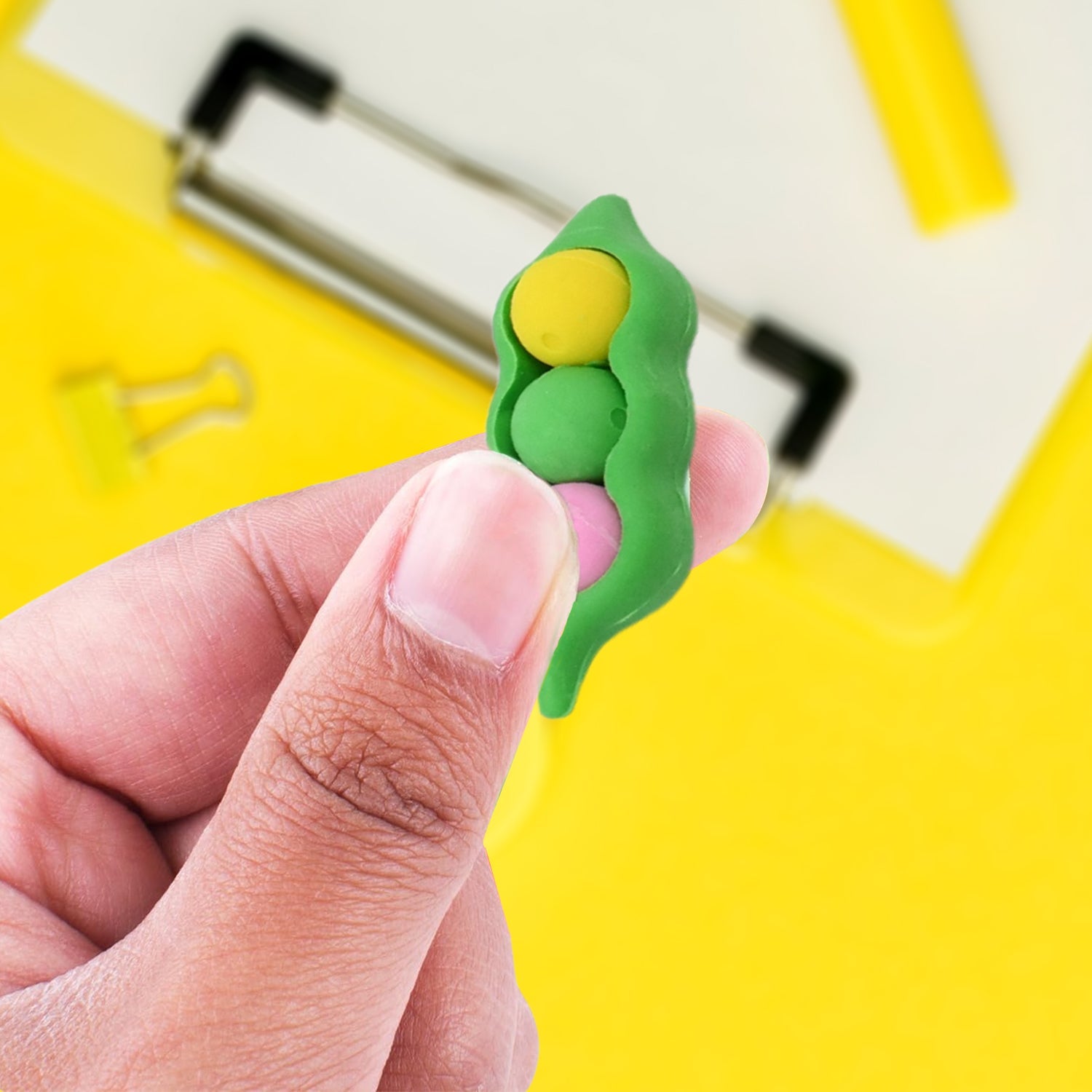 Close-up of smooth-edged, colourful fancy erasers, safe for little hands.