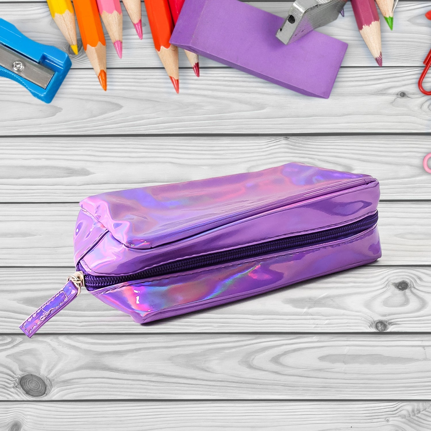 Iridescent holographic cosmetic pouch designed for women and girls