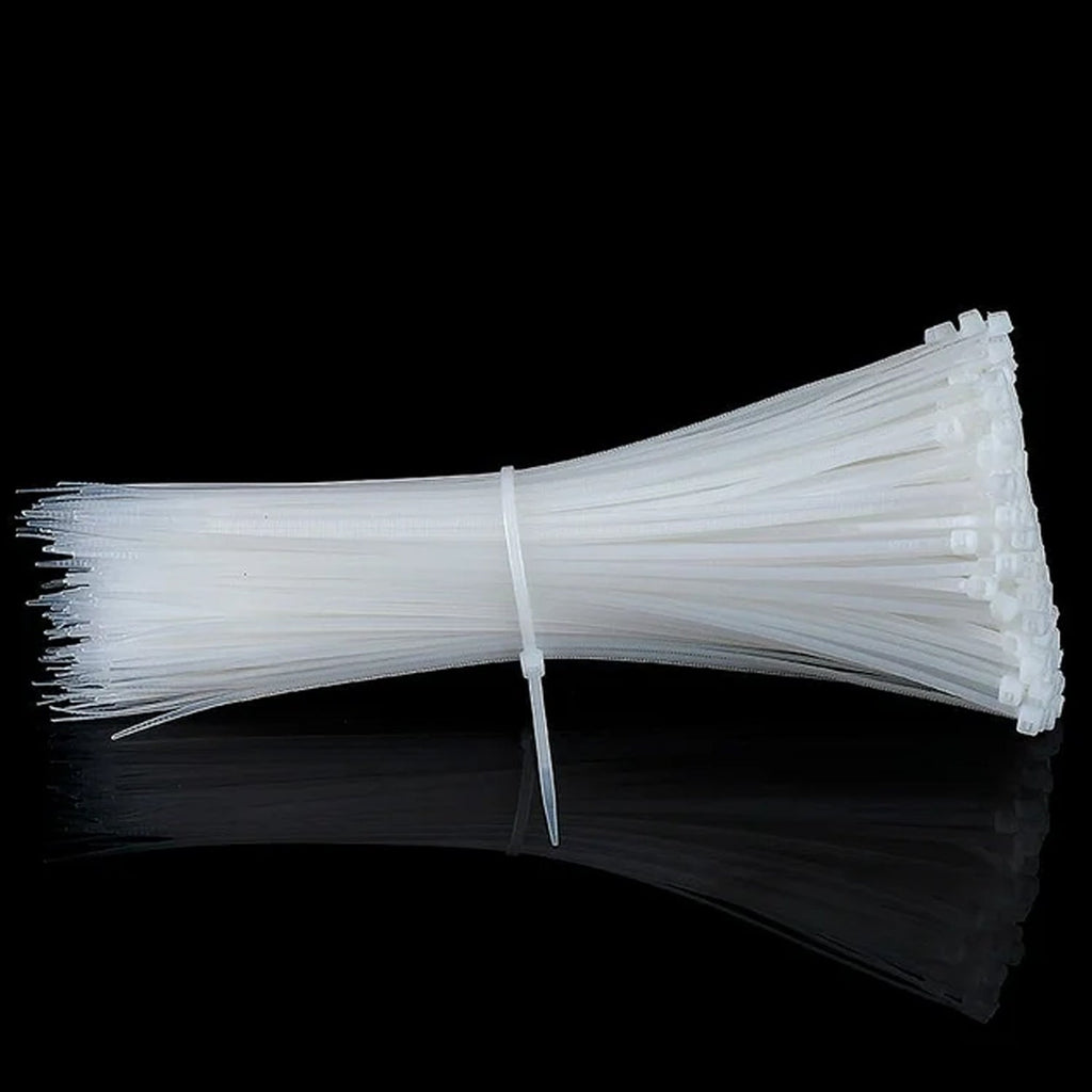 Black nylon cable ties securely holding a group of electrical wires together.