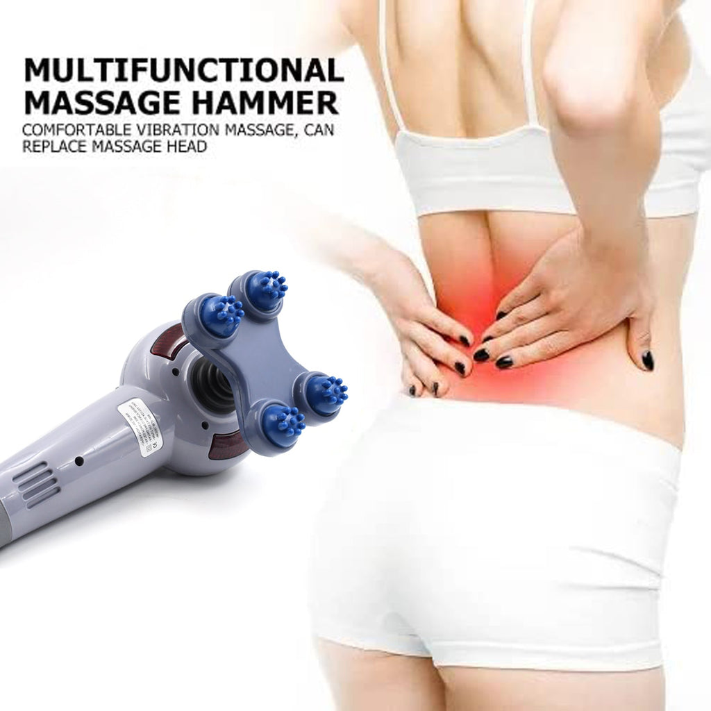 Ergonomic electric massager being used on a person's back for muscle pain relief.