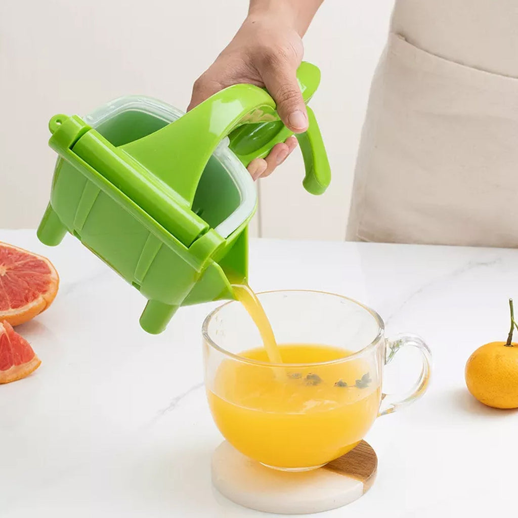 Close-up of the durable Teflon-coated manual juice squeezer.