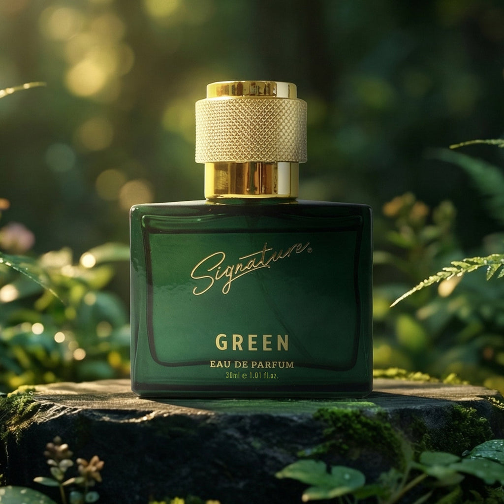 Men's green eau de perfume Signature brand in textured designer bottle