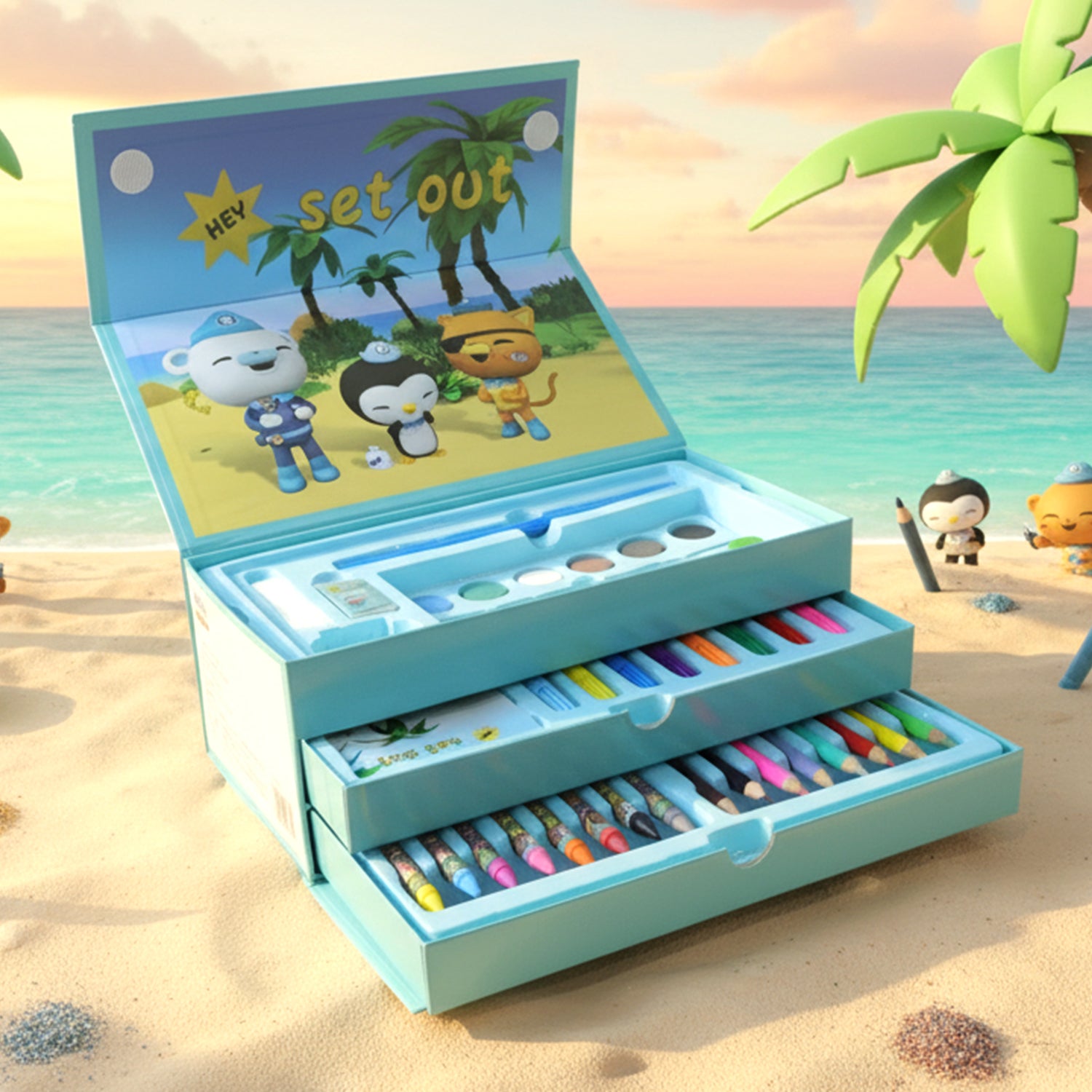 Complete kids art set including crayons and sketch pens in storage box