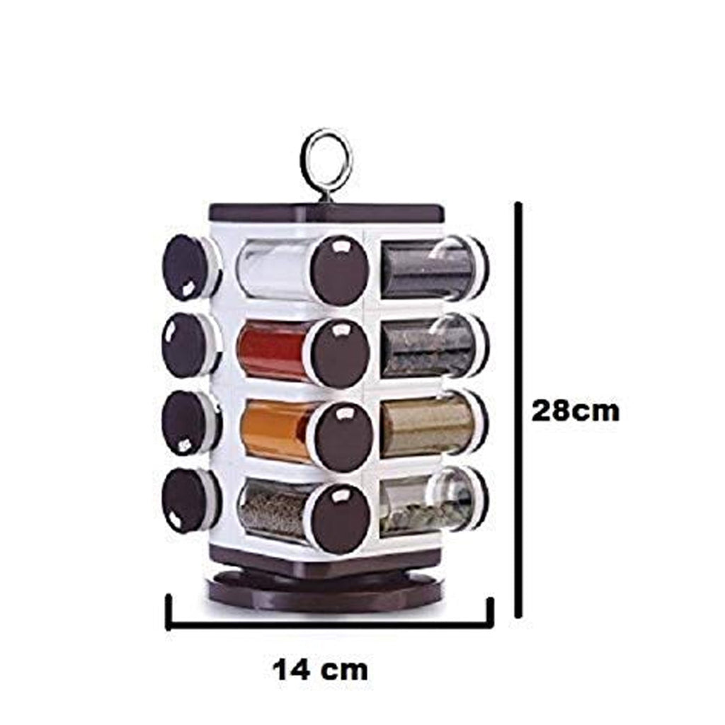 Top-down view of Ganesh 16-piece plastic revolving spice rack on a countertop.