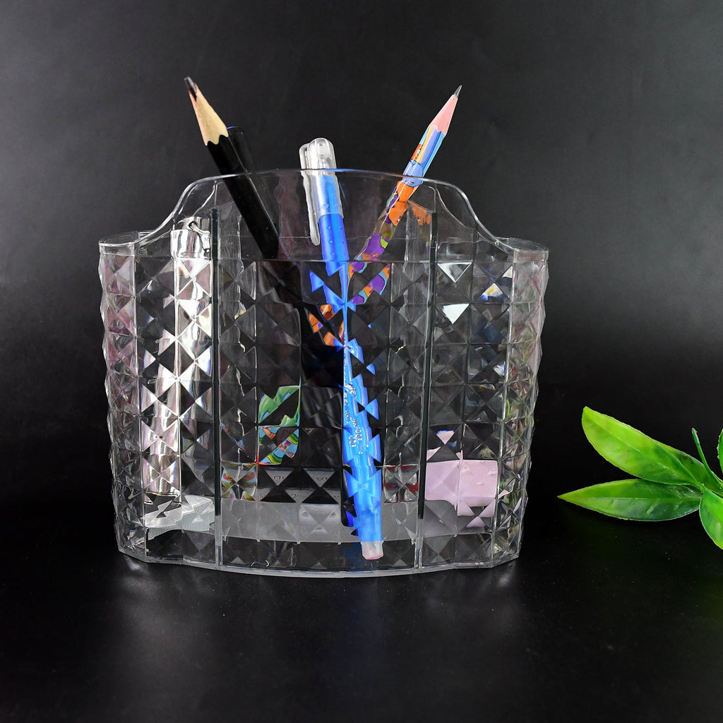 Clear organizer holder arranged with bathroom accessories for neat storage