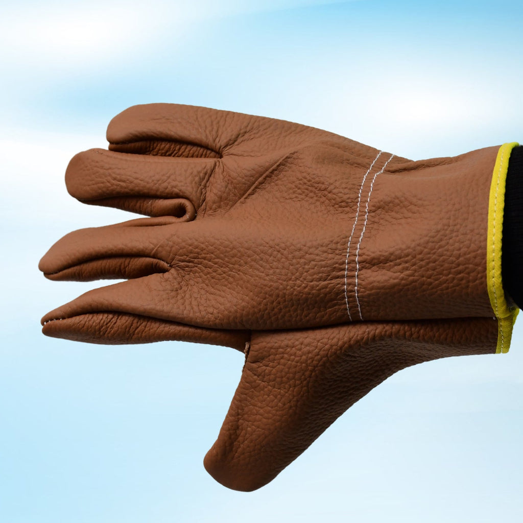 A pair of durable leather gardening gloves, demonstrating flexibility and comfortable fit.