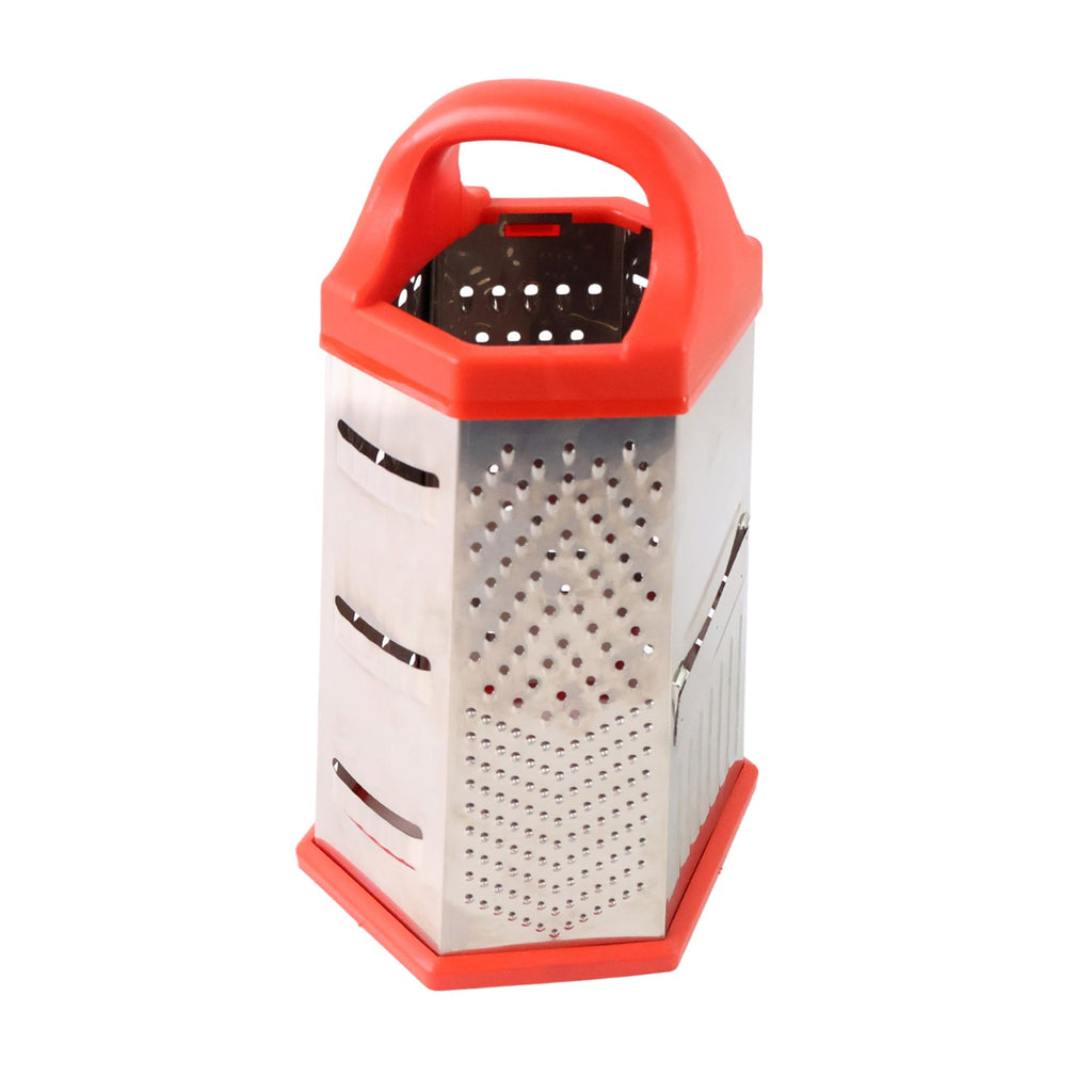 Close-up view of sharp stainless steel grater blades on the 7-in-1 box grater