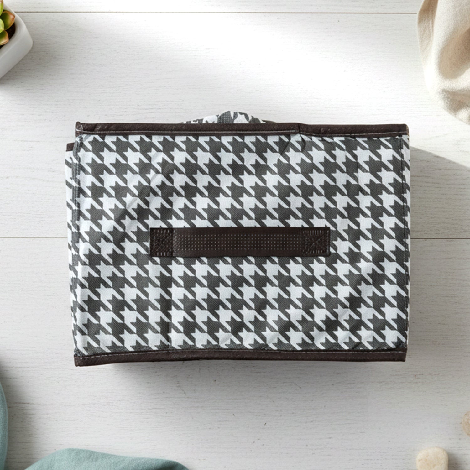 Folded fabric storage basket for closet storage