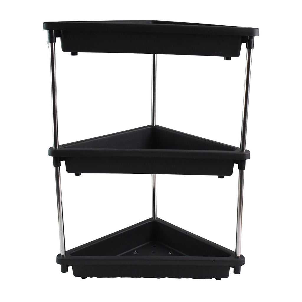 Side view of plastic corner storage rack with 3-layer shelves