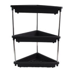 Side view of plastic corner storage rack with 3-layer shelves