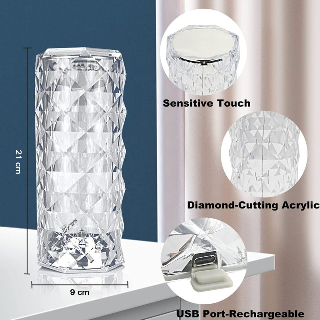 The rose diamond Crystal Touch Lamp casting beautiful light patterns.