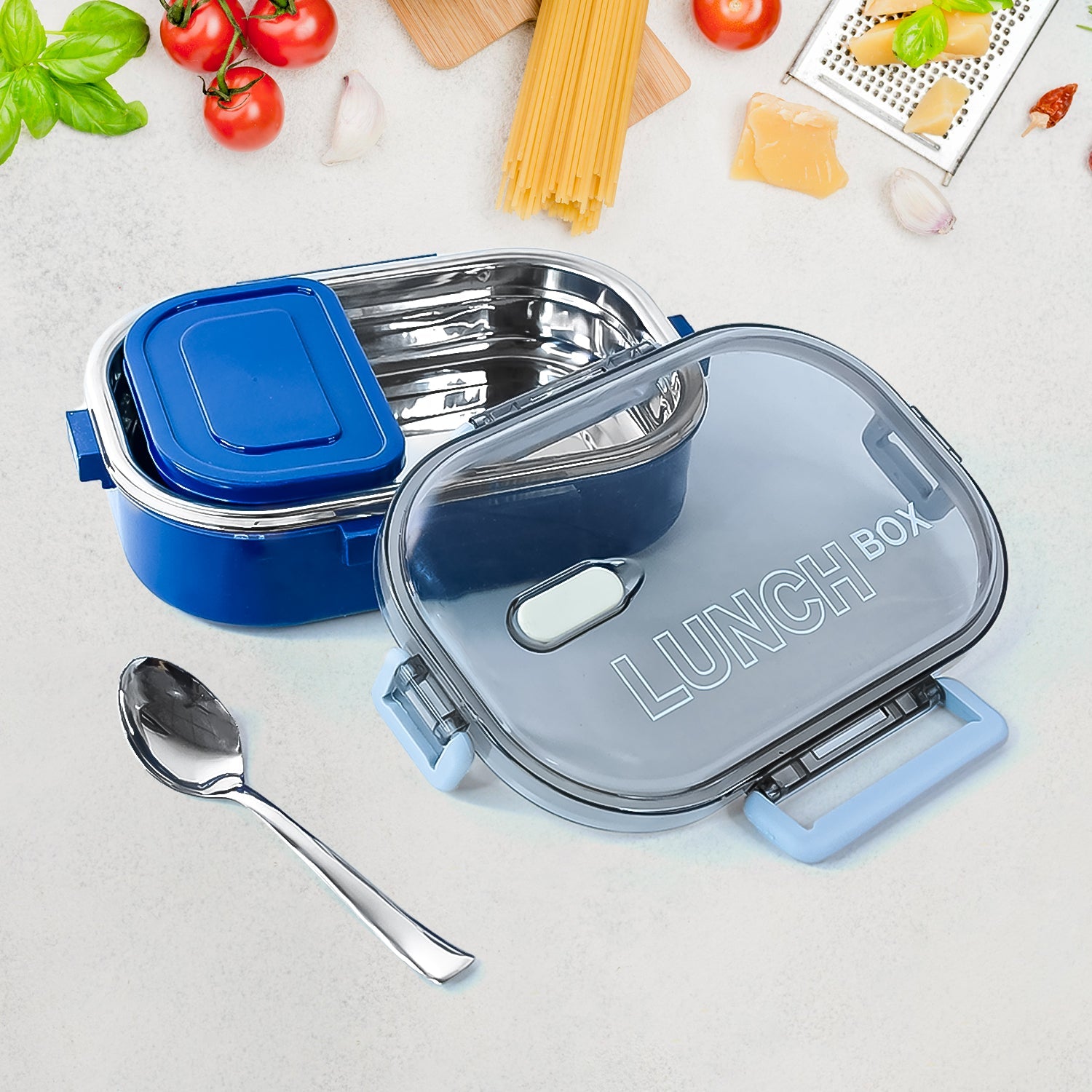 Stainless steel and BPA-free plastic lunch box showing lid and compartments