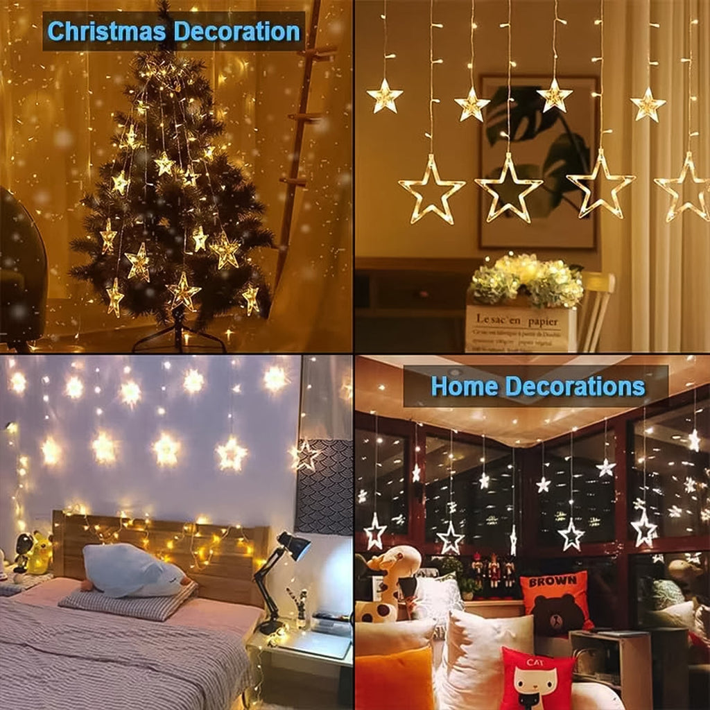 Sparkling 12 star LED fairy lights decorating a wall for a festive Diwali celebration.