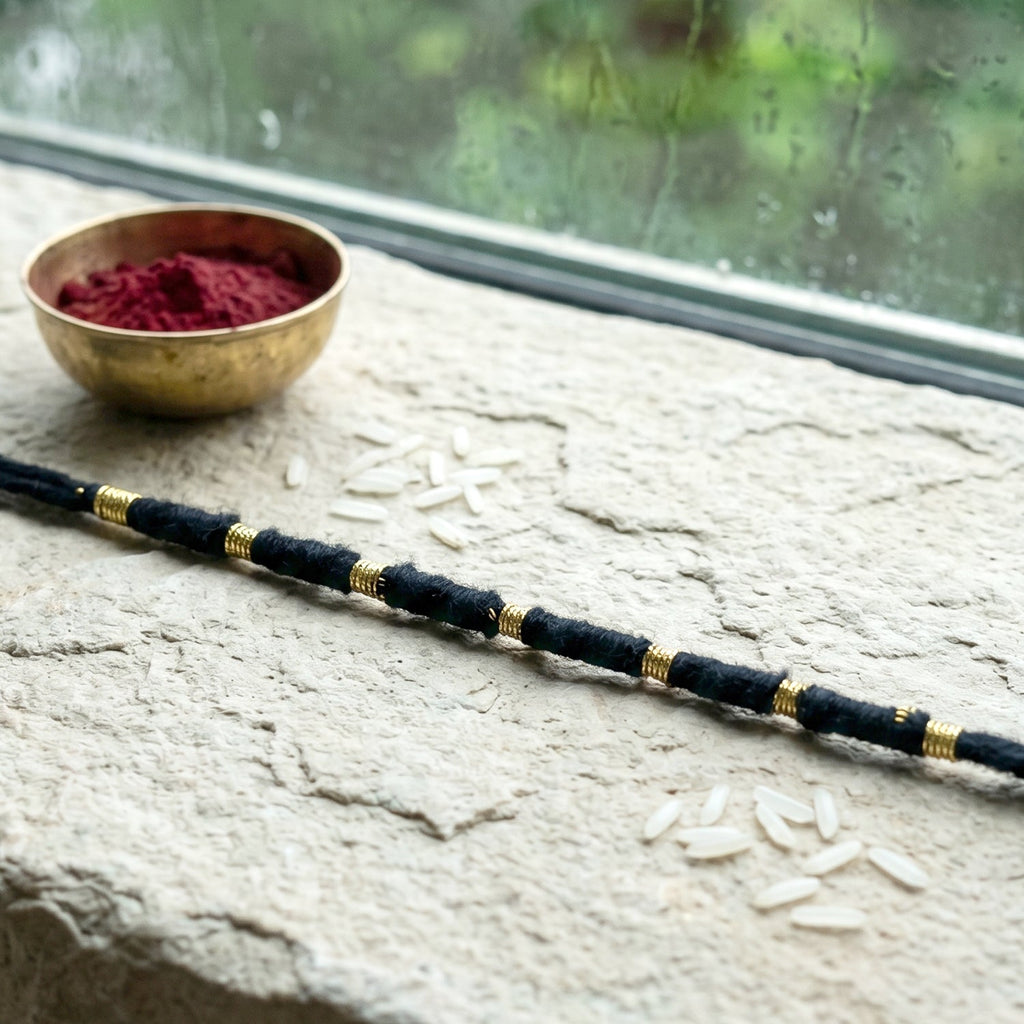 Detailed view of handmade rakhi showcasing intricate bead work