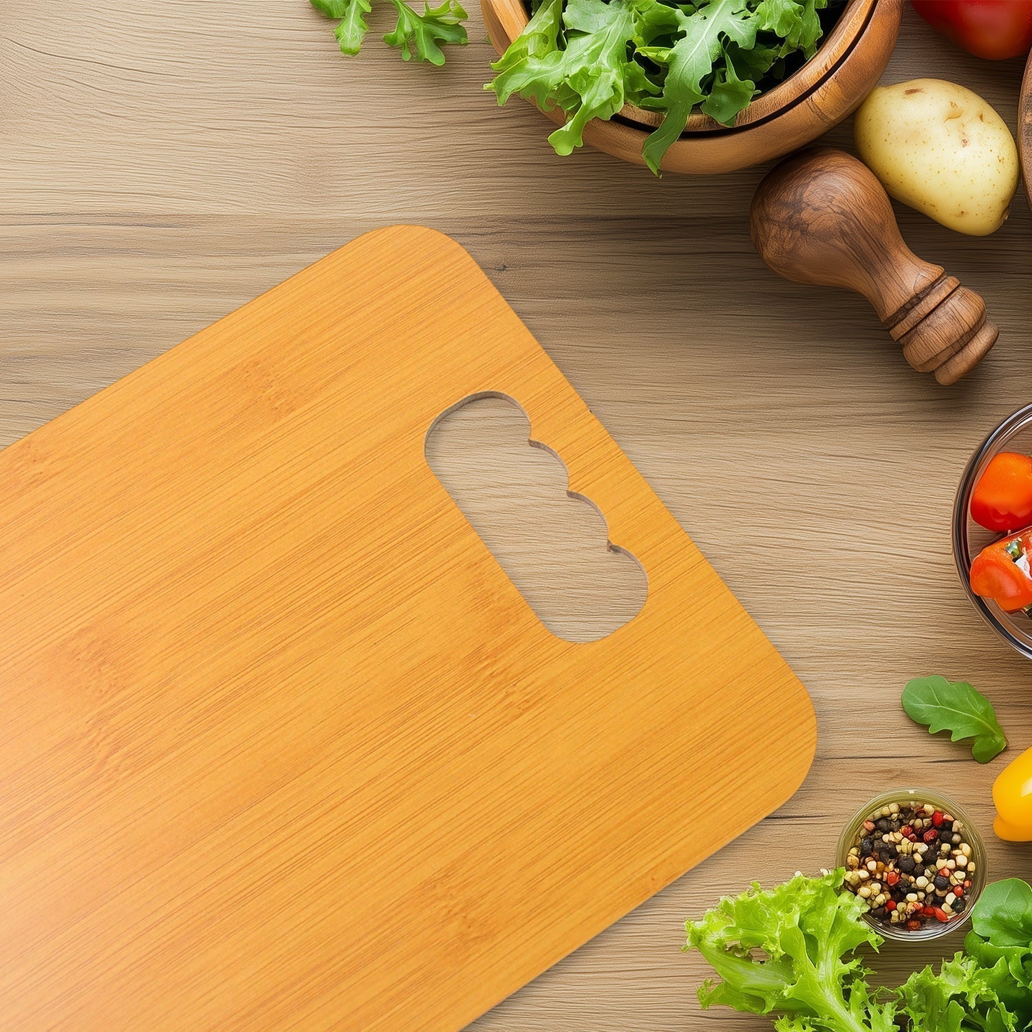 Front view of durable wooden chopping board ready for kitchen use