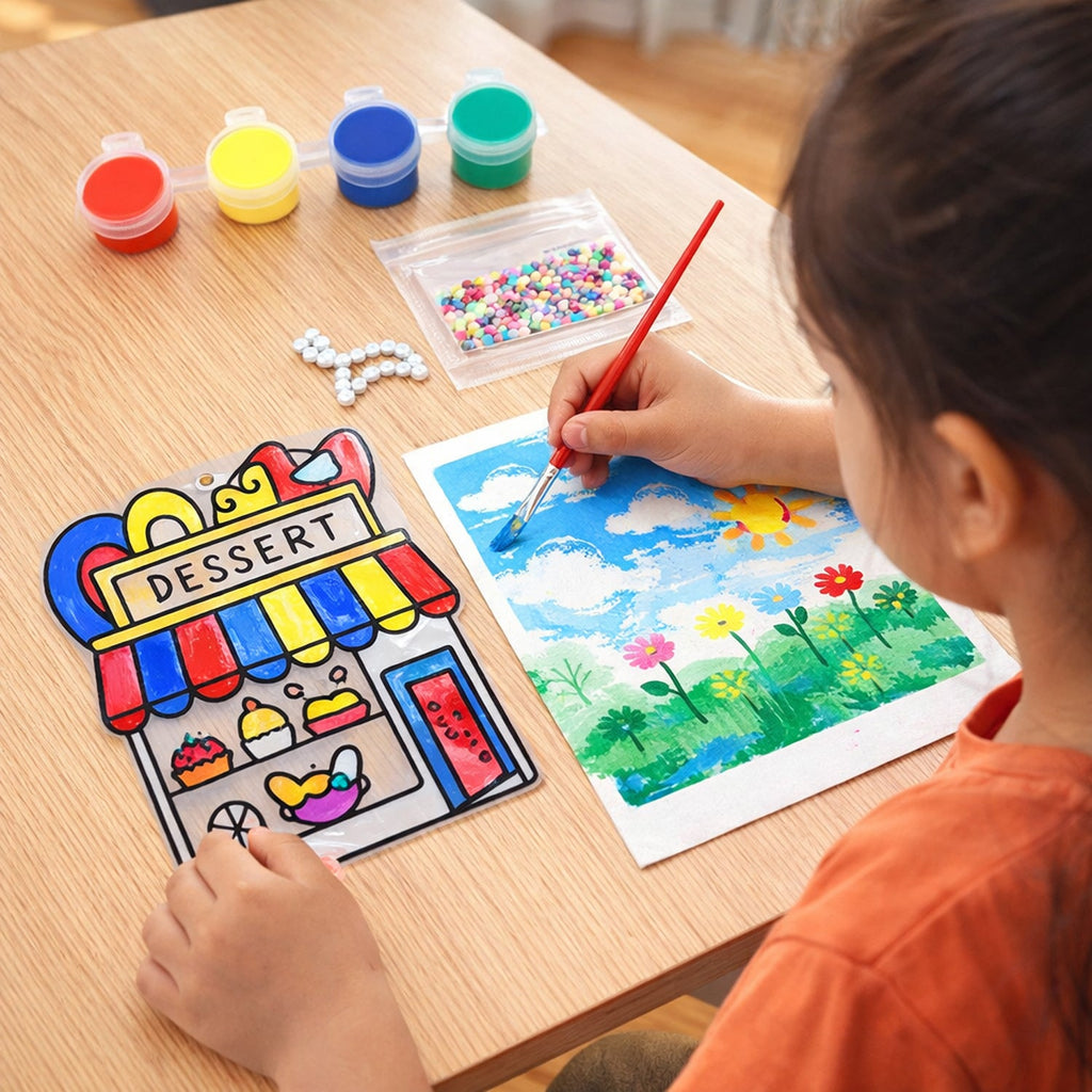 DIY craft activity box for kids with beads and paints