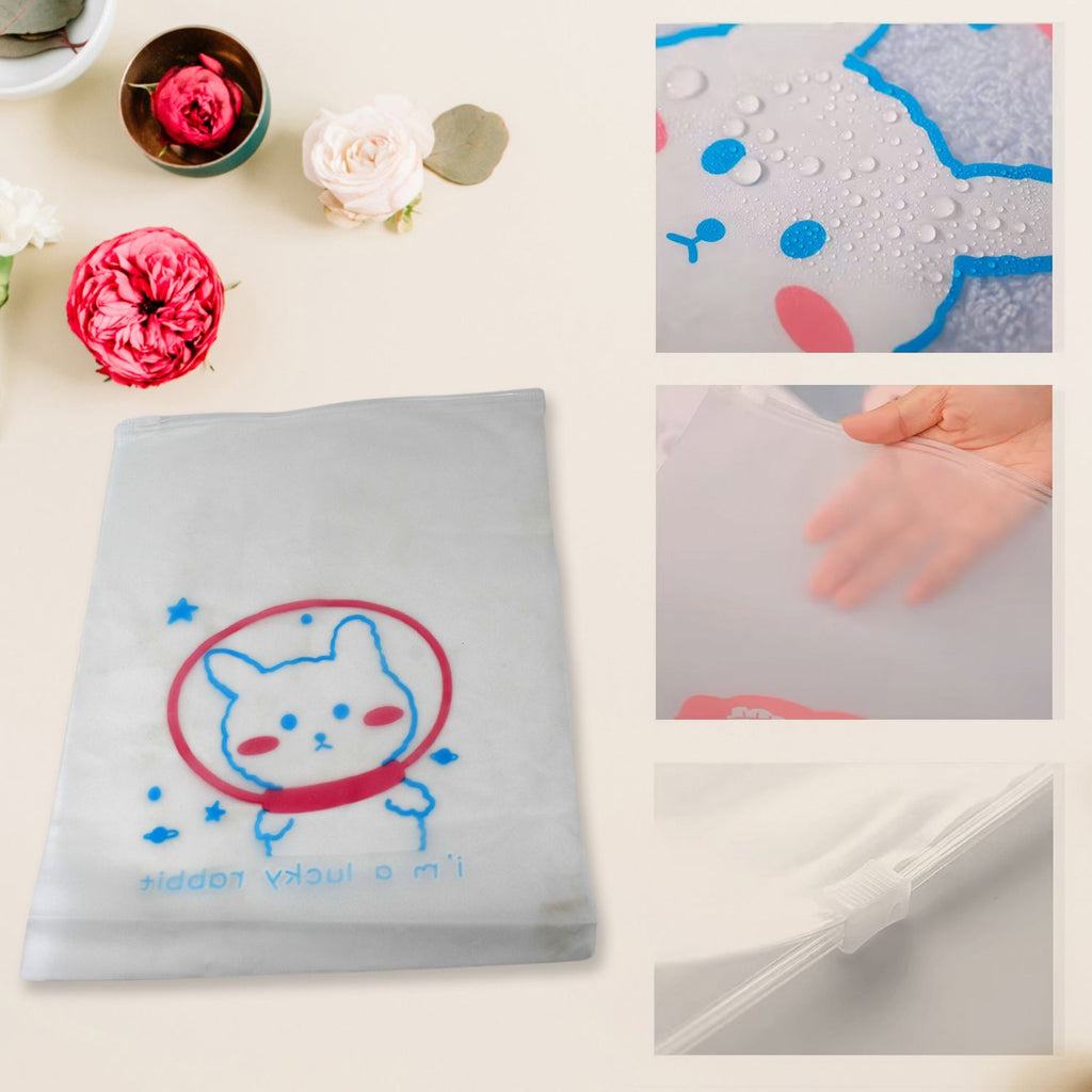 Top-down view of a durable plastic reusable zip pouch, perfect for travel organisation.