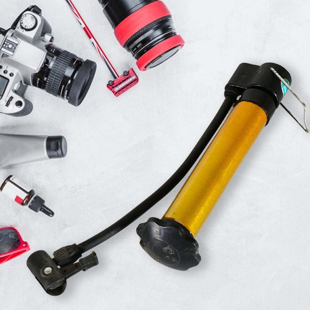 Front view of the mini metal air ball pump, showcasing its ergonomic handle and robust build.