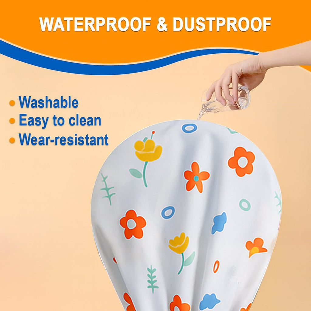 Pedestal fan covered by a flower-printed dust guard cover