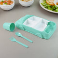 Kids Car Lunch Box Set with a bright yellow car-shaped plate and matching cutlery.
