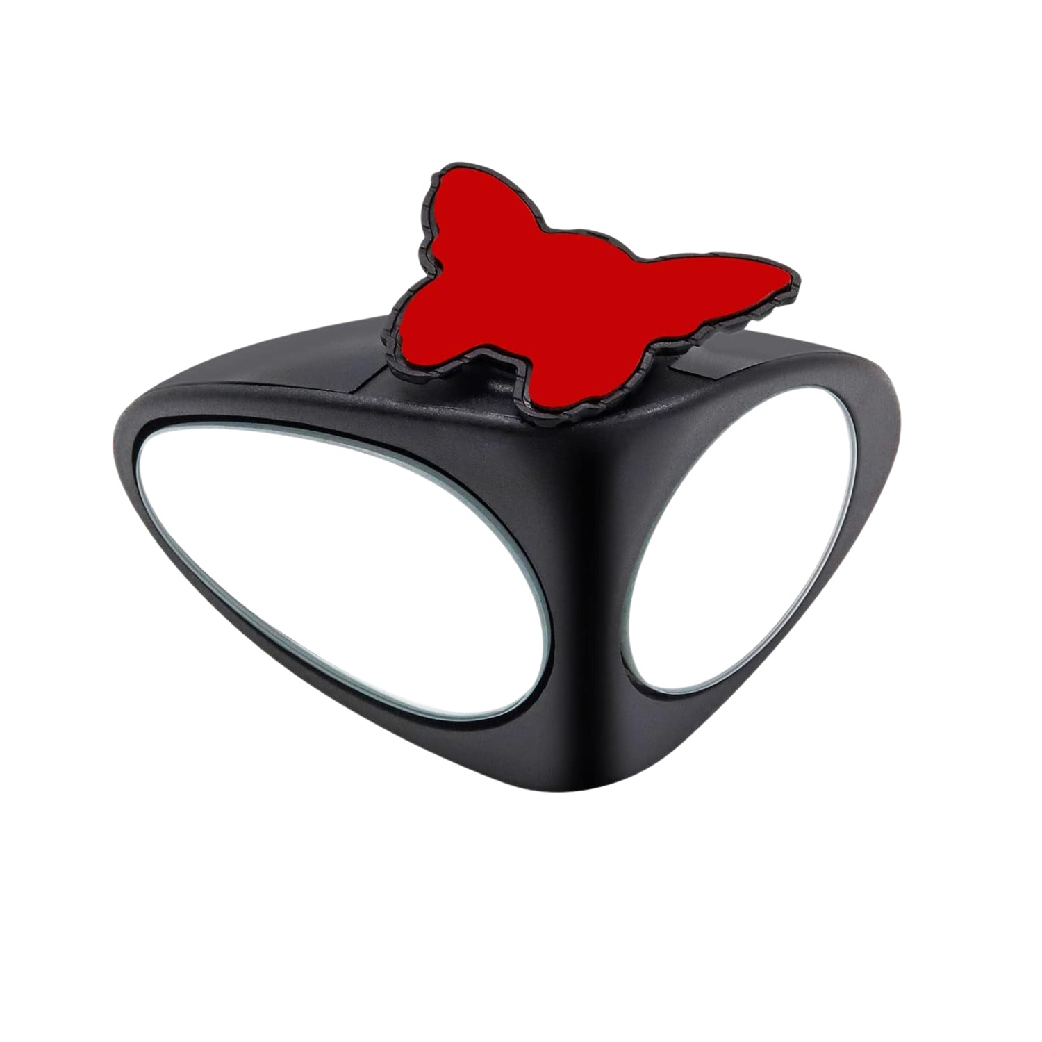 Hands installing self-adhesive car blind spot mirror on vehicle side mirror